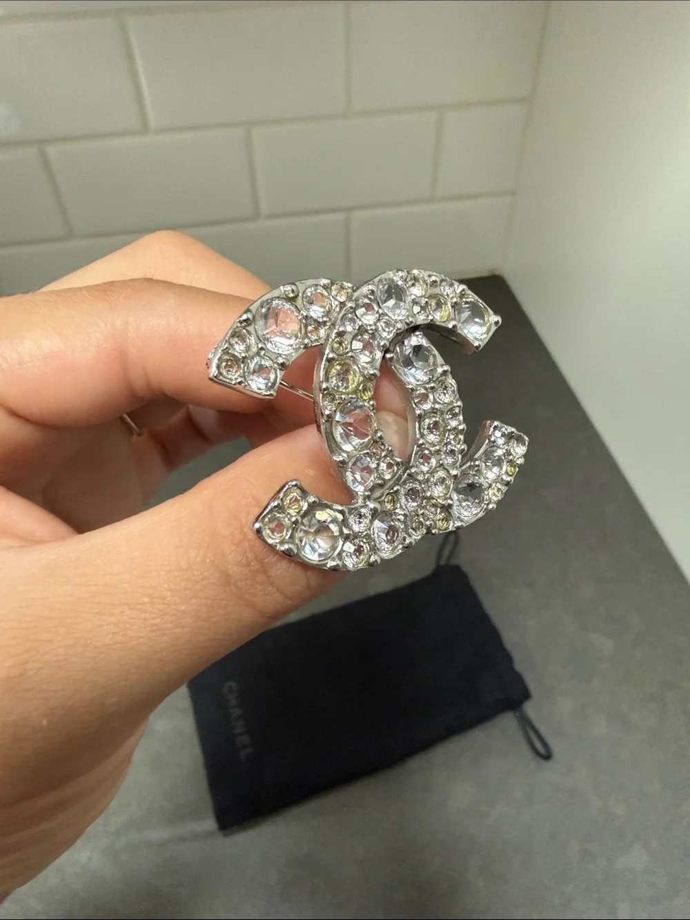 CHANEL CC Silver Logo Brooch Pin Vintage with Crystals 2005